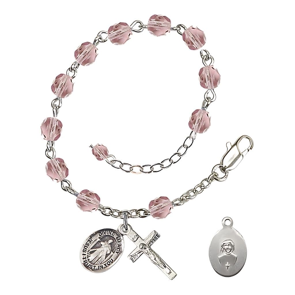 Bliss Jesus Divine Mercy Rosary Bracelet with Pewter Crucifix and Charm, Birthstone 6mm Fire Polished Light Amethyst Beads for June