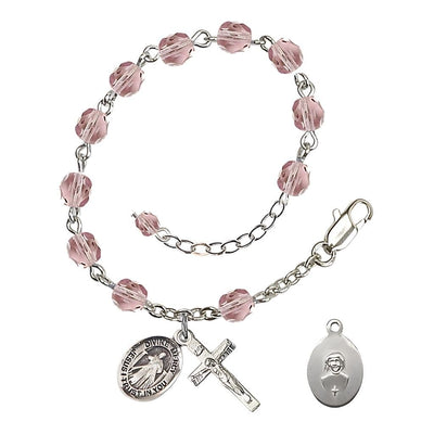 Jesus Divine Mercy Rosary Bracelet with Pewter Crucifix and Charm, Birthstone 6mm Fire Polished Light Amethyst Beads for June, Bliss Manufacturing