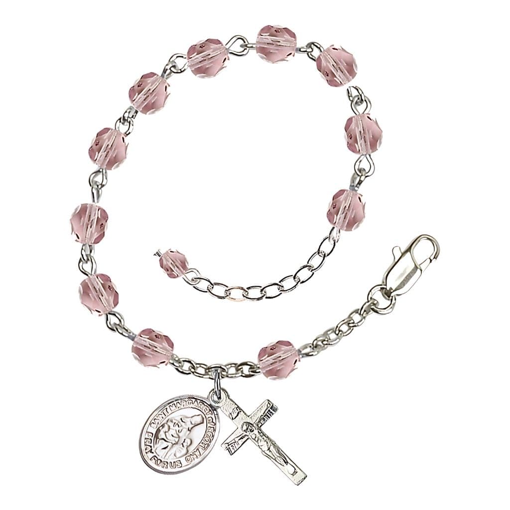 Bliss St. Margaret of Scotland June Birthstone 6mm Light Amethyst Fire Polished Beads Silver-Plated Rosary Bracelet with Pewter Crucifix and Medal