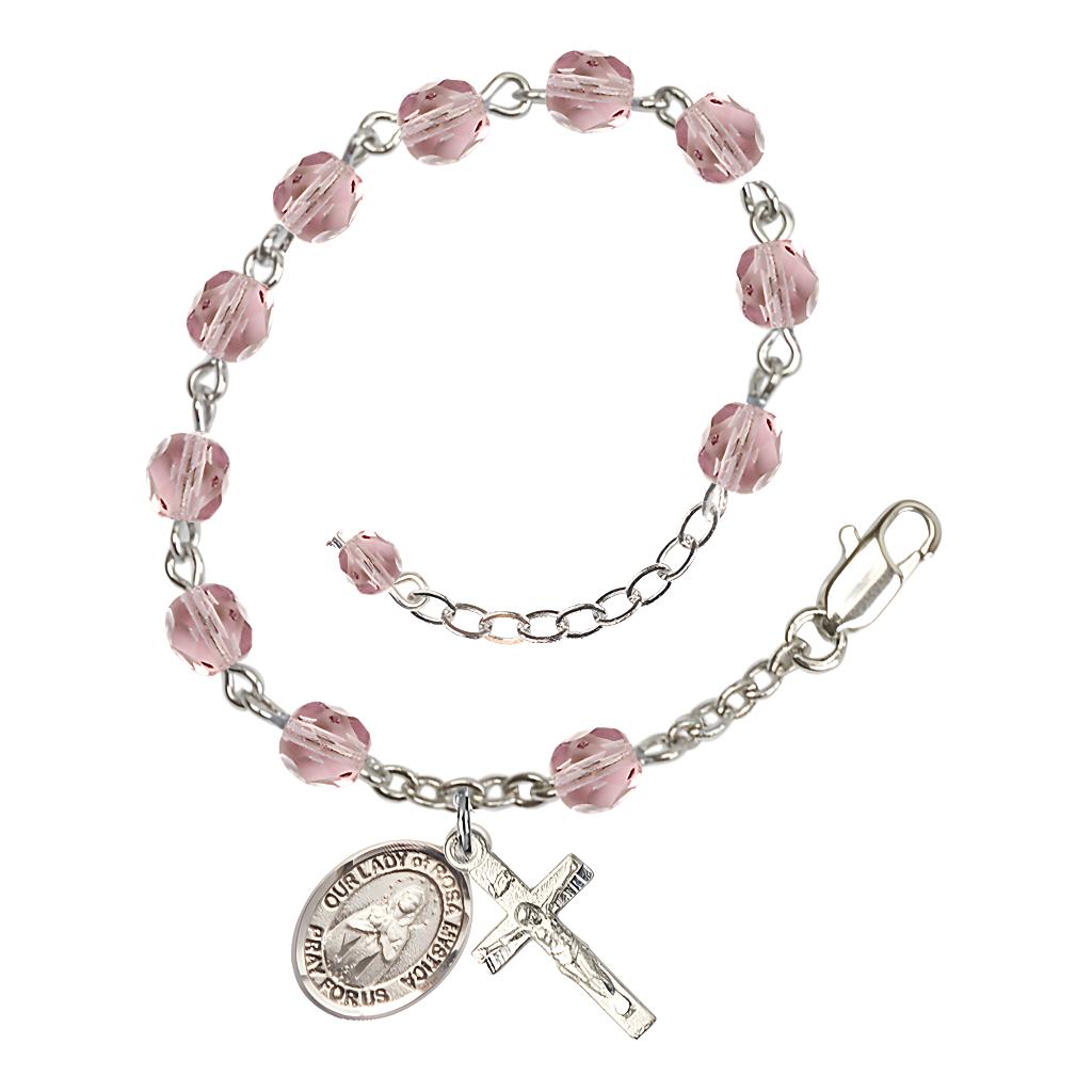 Bliss Our Lady of Rosa Mystica Rosary Bracelet with Pewter Crucifix and Charm, Birthstone 6mm Fire Polished Light Amethyst Beads for June