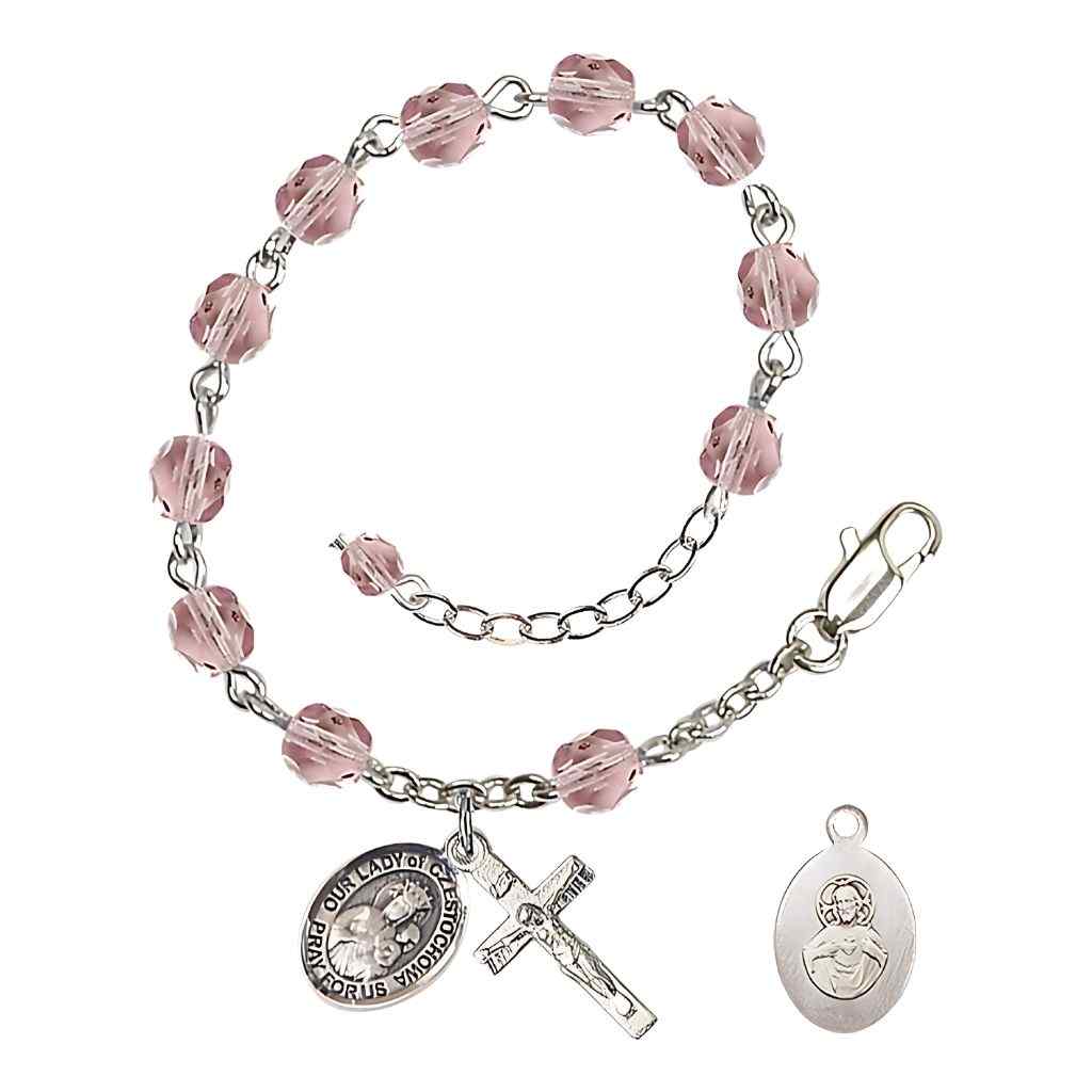 Our Lady of Czestochowa Rosary Bracelet with Pewter Crucifix and Charm, Birthstone 6mm Fire Polished Light Amethyst Beads for June