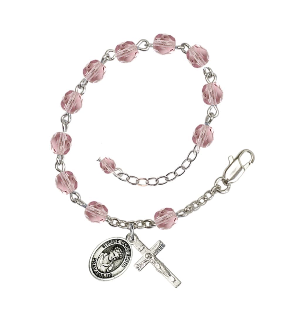 Bliss Silver-Plated Crystal Blessed Carlo Acutis Rosary Bracelet,Birthstone Light Amethyst June,