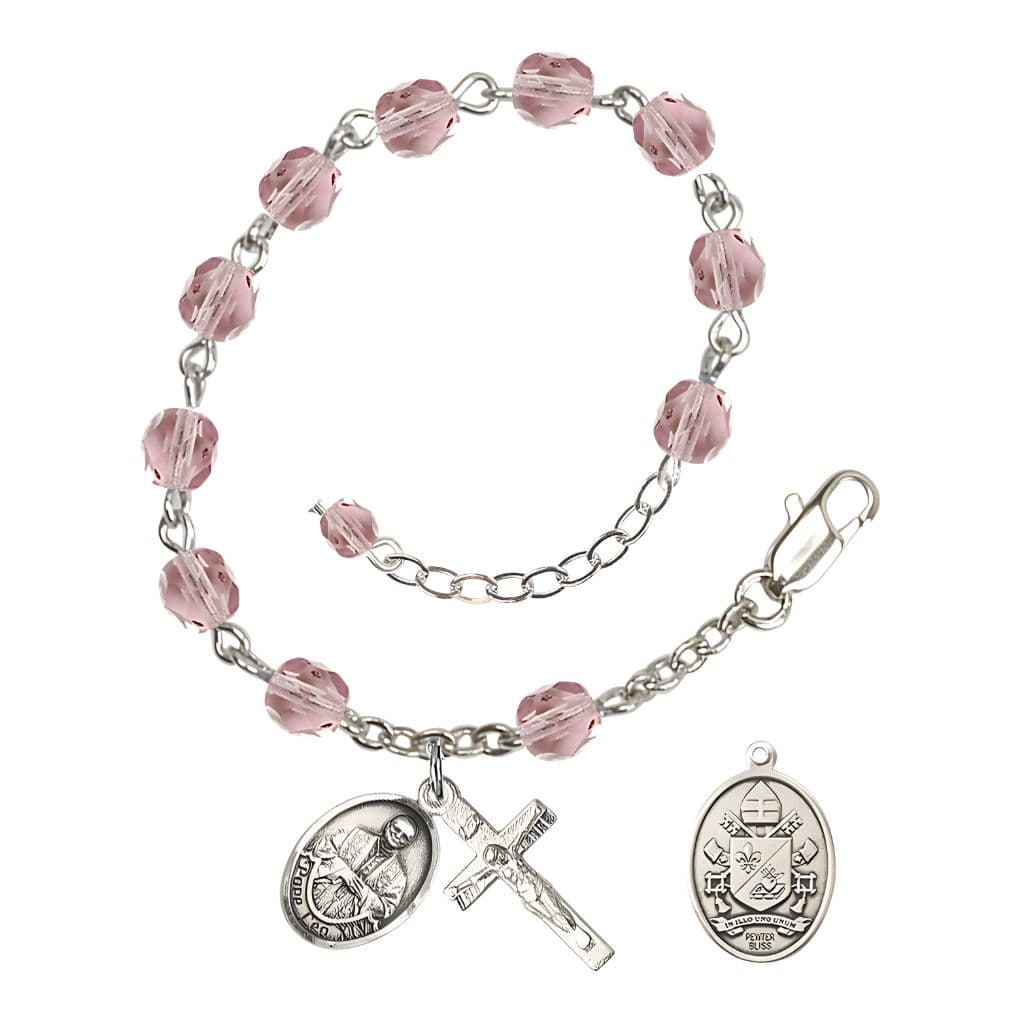 Bliss Pope Leo XIV Birthstone 6mm Fire Polished Silver-plated Rosary Bracelet with birthstone fire-polished light amethyst beads