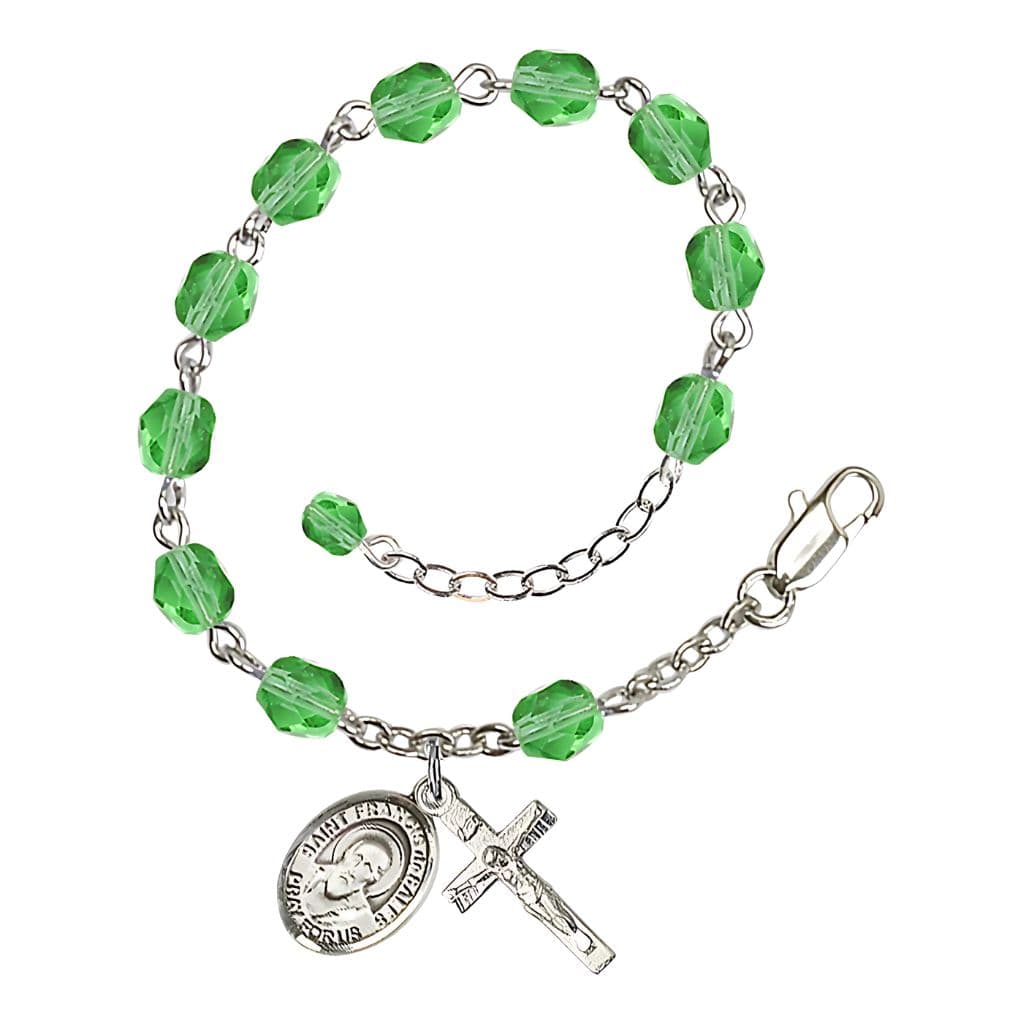 Bliss St. Francis de Sales Auguat Birthstone 6mm Peridot Fire Polished Beads Silver-Plated Rosary Bracelet with Pewter Crucifix and Medal