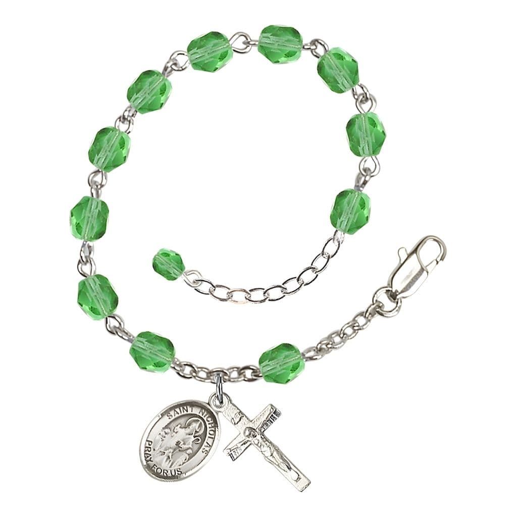 Bliss St. Nicholas Rosary Bracelet with Pewter Centerpiece and Crucifix, August Birthstone 6mm Peridot Fire Polished Beads