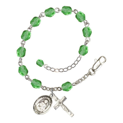 St. Philip the Apostle Rosary Bracelet with Pewter Crucifix and Charm, Birthstone 6mm Fire Polished Peridot Beads for August, Bliss Manufacturing