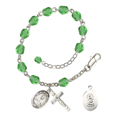 Sacred Heart of Jesus Scapular Rosary Bracelet with Pewter Crucifix and Charm, Birthstone 6mm Fire Polished Peridot Beads for August, Bliss Manufacturing