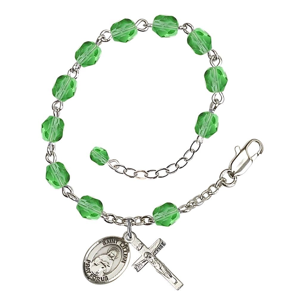 St. Lillian Birthstone Silver-Plated Rosary Bracelet in Peridot,