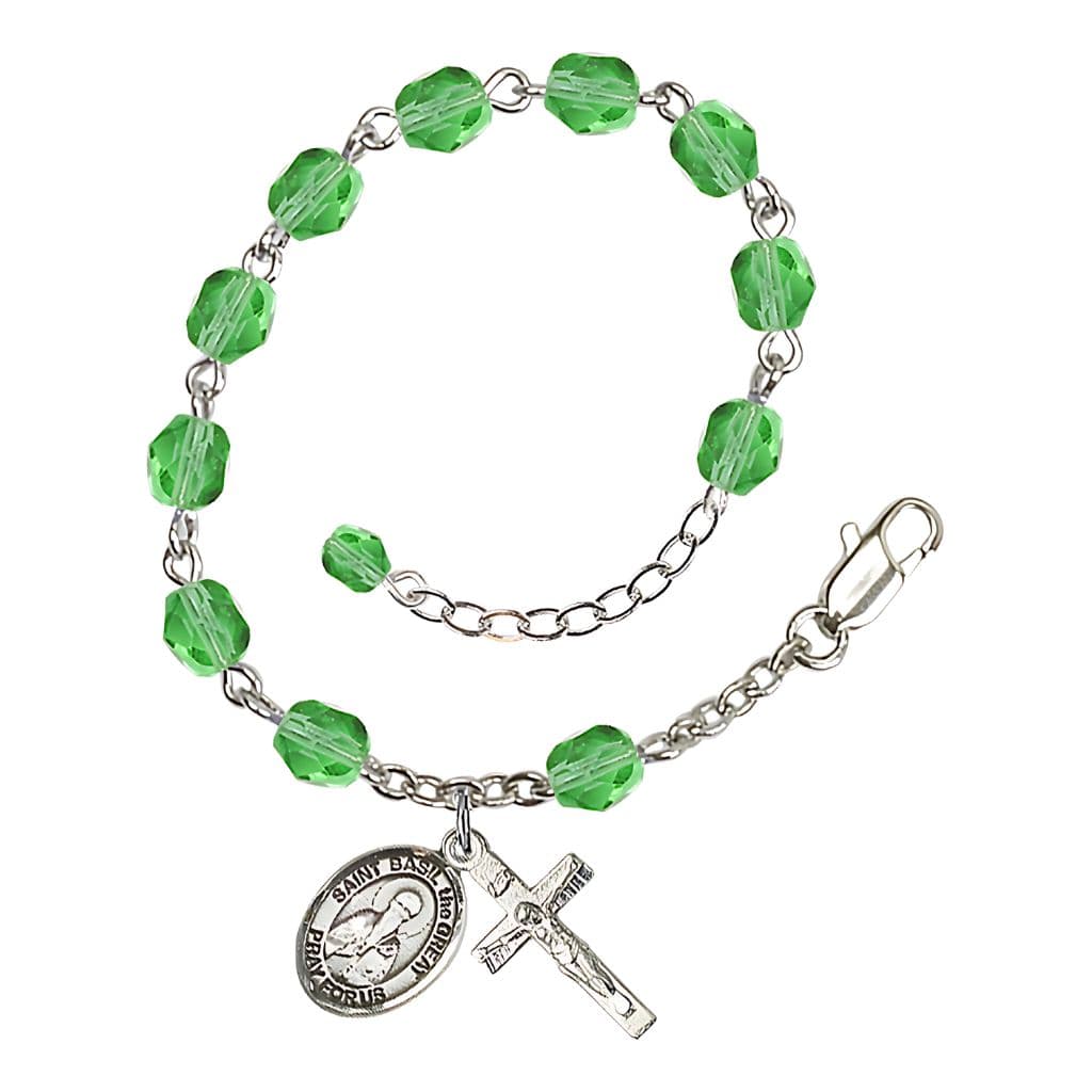 St. Basil Birthstone Silver Plated Rosary Bracelet in Peridot,
