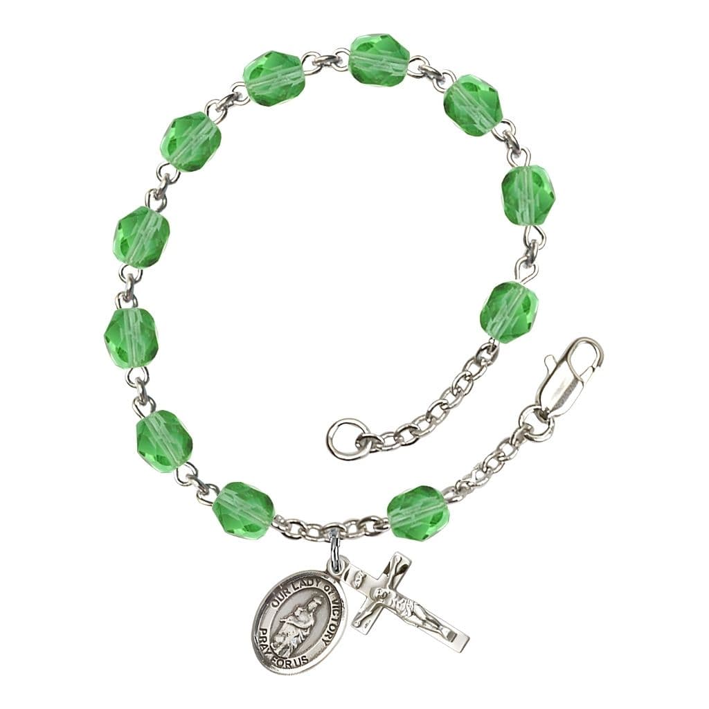 Bliss Catholic Our Lady of Victory August Birthstone Peridot 6mm Fire Polished Silver-plated Rosary Bracelet with Pewter Centerpiece and Crucifix