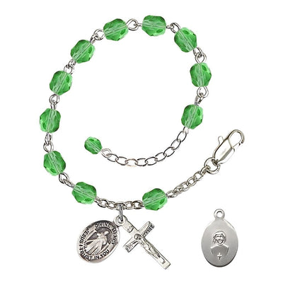 Jesus Divine Mercy Rosary Bracelet with Pewter Crucifix and Charm, Birthstone 6mm Fire Polished Peridot Beads for August, Bliss Manufacturing