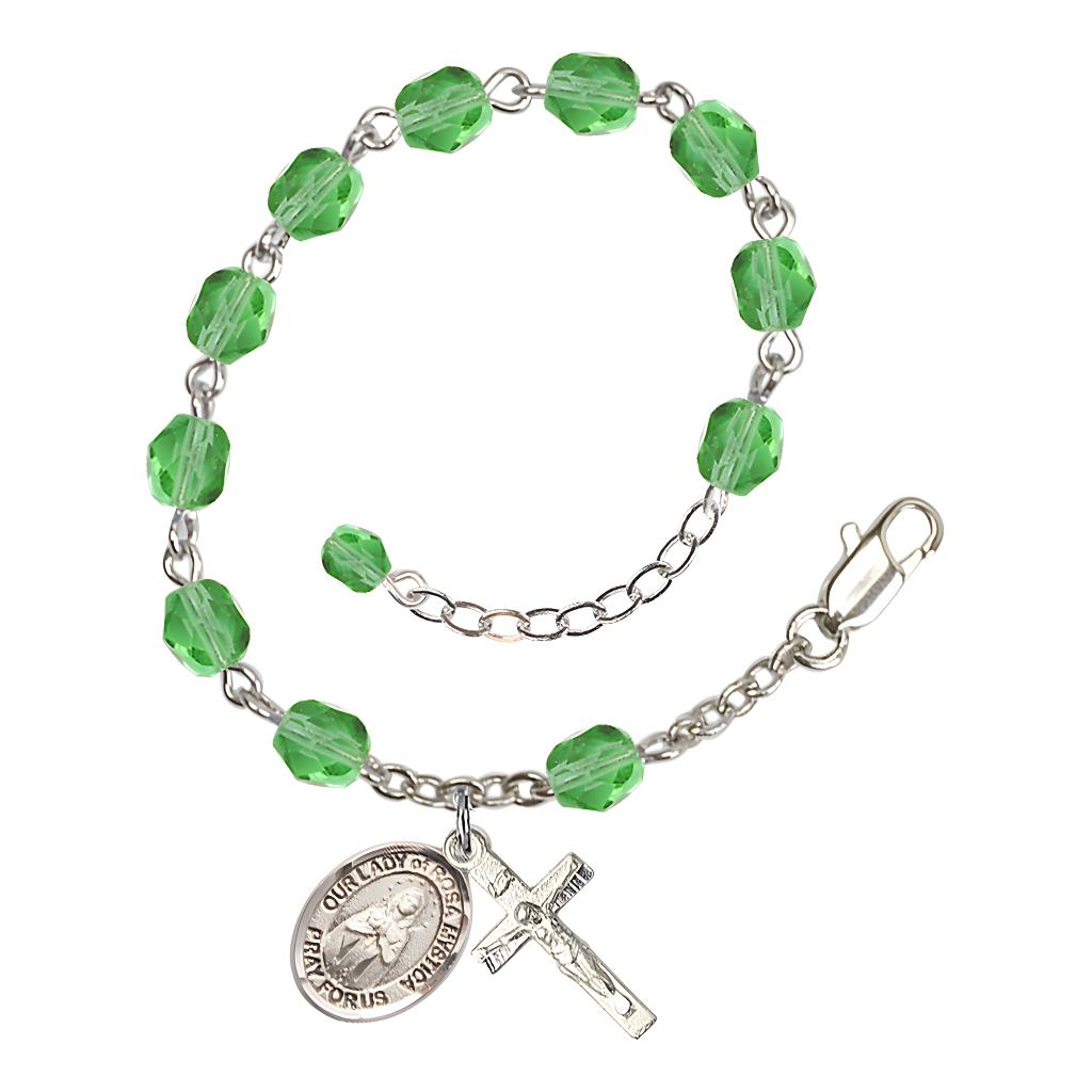 Bliss Our Lady of Rosa Mystica Rosary Bracelet with Pewter Crucifix and Charm, Birthstone 6mm Fire Polished Peridot Beads for August