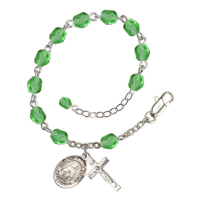 Bliss Our Lady of Rosa Mystica Rosary Bracelet with Pewter Crucifix and Charm, Birthstone 6mm Fire Polished Peridot Beads for August