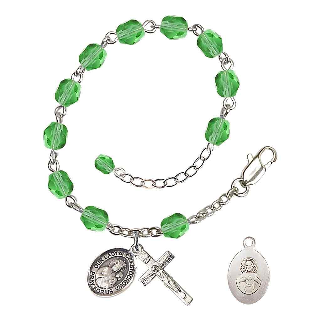 Our Lady of Czestochowa Rosary Bracelet with Pewter Crucifix and Charm, Birthstone 6mm Fire Polished Peridot Beads for August