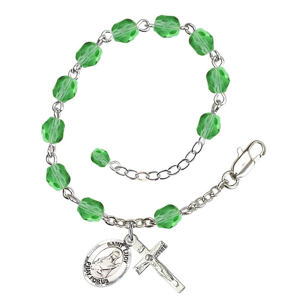 St. Lucy Birthstone Silver-Plated Rosary Bracelet in Peridot,
