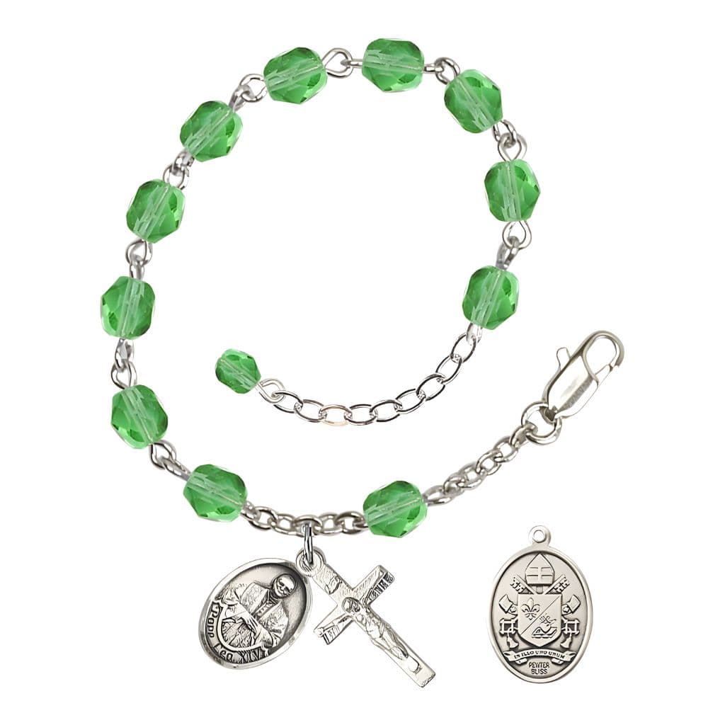 Bliss Pope Leo XIV Birthstone 6mm Fire Polished Silver-plated Rosary Bracelet with birthstone fire-polished peridot beads