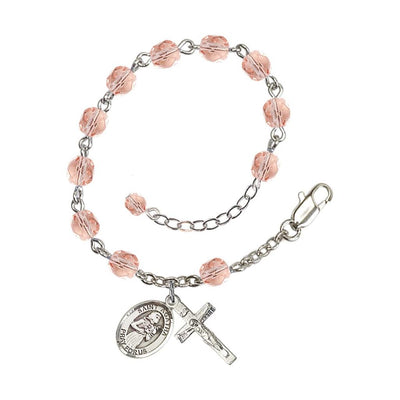 Hand Made Silver Plate Pink Rosary Bracelet with 6mm Fire Polished Beads featuring a St. Agatha Charm, Bliss Manufacturing