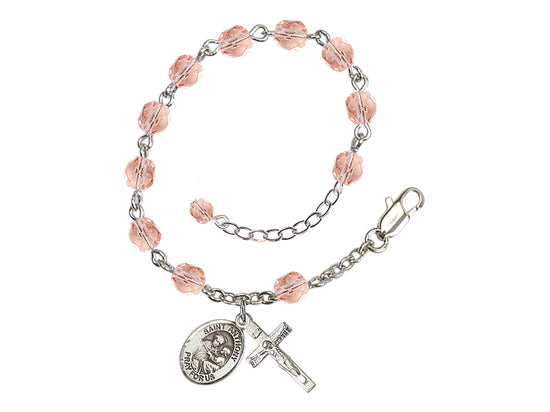 Pink Silver-Plated Crystal St Anthony of Padua Birthstone Rosary Bracelet