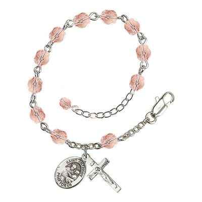 Pink Silver-Plated Crystal St Anthony of Padua Birthstone Rosary Bracelet, Bliss Manufacturing