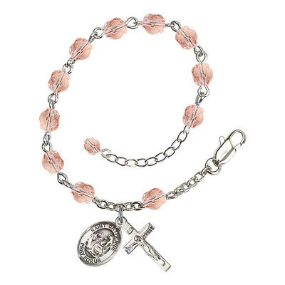 Saint Catherine of Siena Rosary Bracelet with Pewter Crucifix and Medal, Birthstone 6mm Fire Polished Pink Rose Beads for October, Bliss Manufacturing