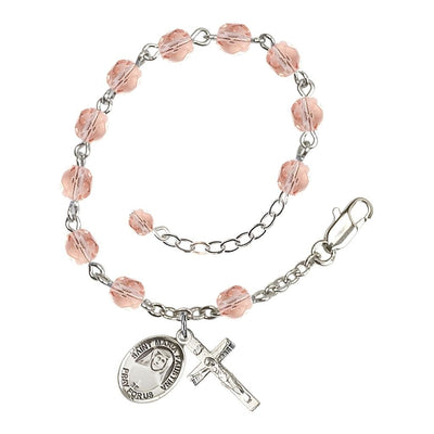 St. Maria Faustina Birthstone Silver-plated Rosary Bracelet with 6mm fire-polished beads in pink, Bliss Manufacturing