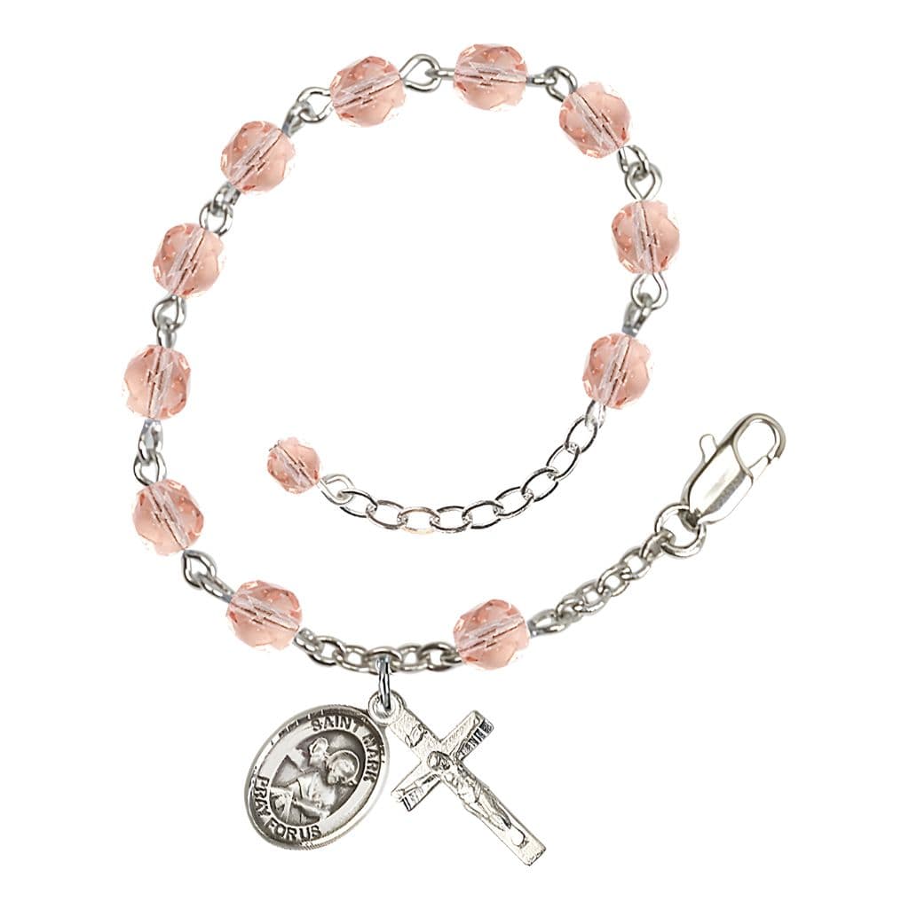 Bliss Saint Mark the Evangelist Rosary Bracelet with Pewter Crucifix and Medal, Birthstone 6mm Fire Polished Pink Rose Beads for October
