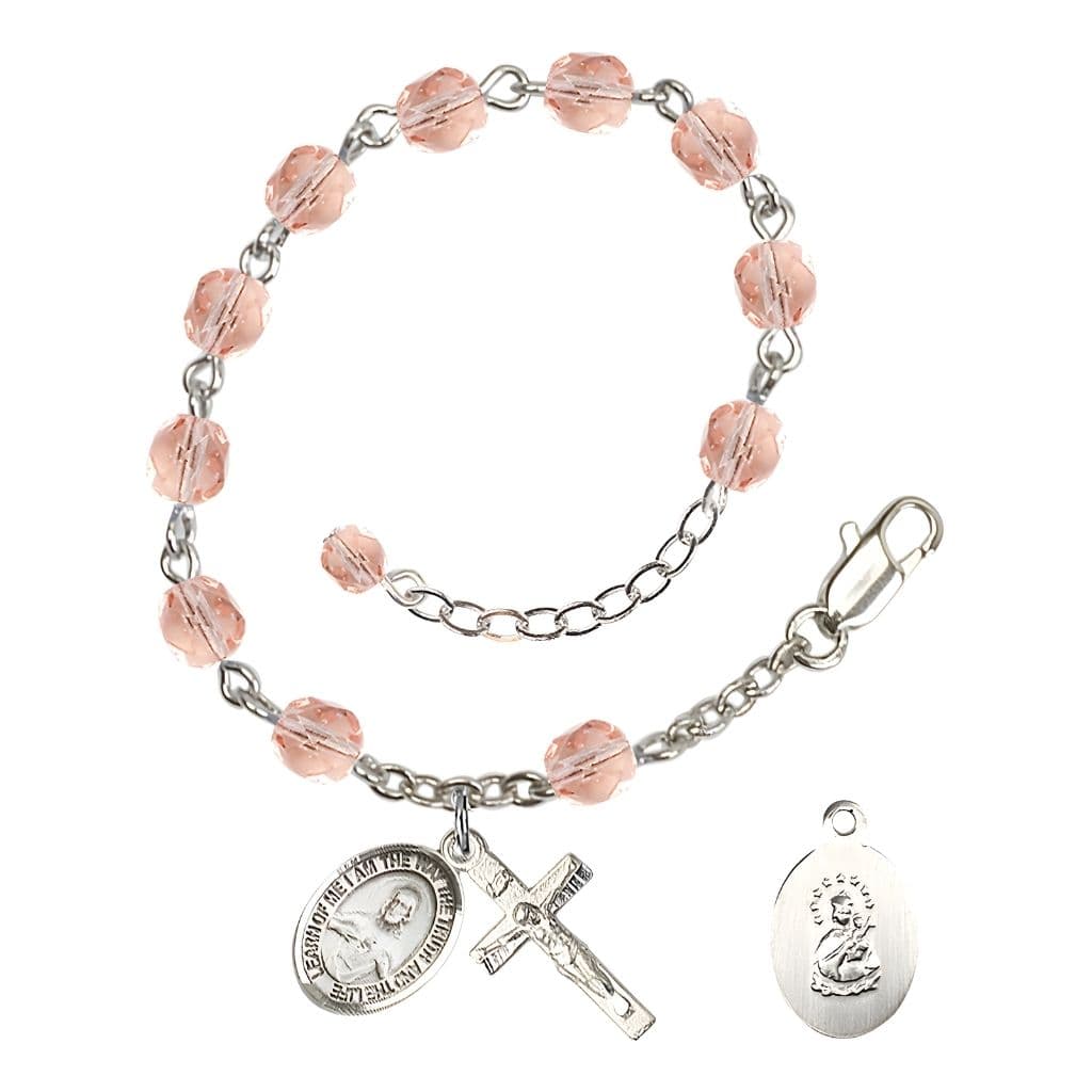 Bliss Sacred Heart of Jesus Scapular Rosary Bracelet with Pewter Crucifix and Charm, Birthstone 6mm Fire Polished Pink Rose Beads for October