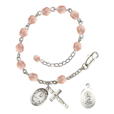 Sacred Heart of Jesus Scapular Rosary Bracelet with Pewter Crucifix and Charm, Birthstone 6mm Fire Polished Pink Rose Beads for October, Bliss Manufacturing