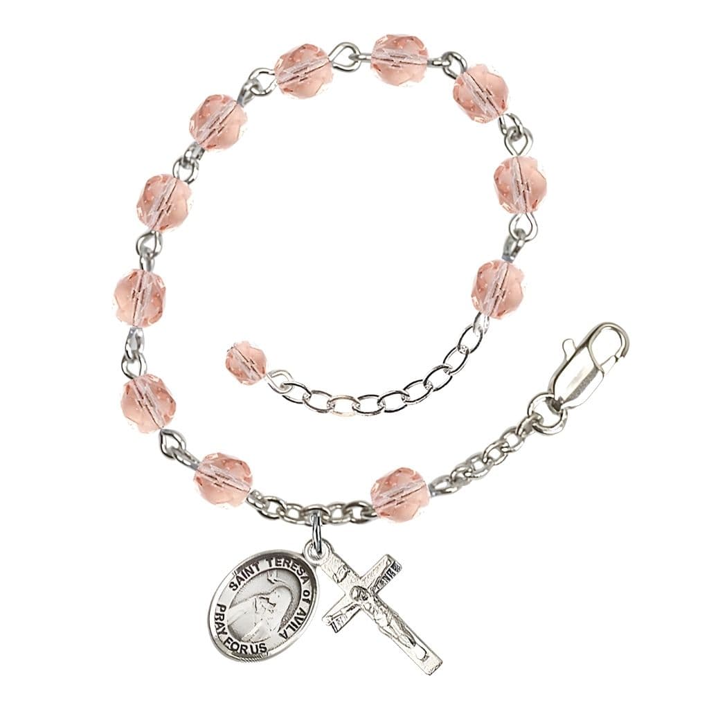 Bliss St. Teresa of Avila Birthstone Silver-plated 6mm Pink Fire Polished Rosary Bracelet with Pewter Centerpiece and Crucifix