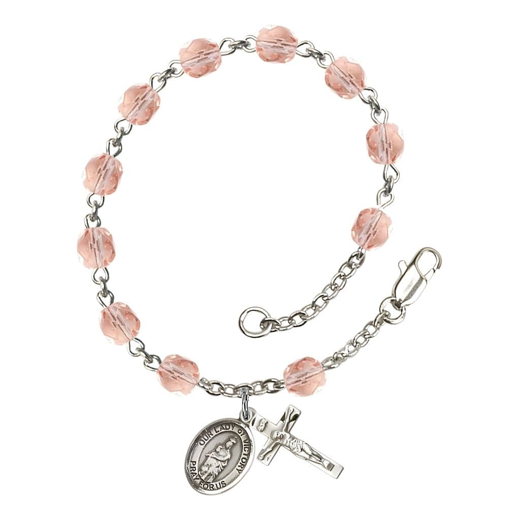 Bliss Catholic Our Lady of Victory October Birthstone Pink  6mm Fire Polished Silver-plated Rosary Bracelet with Pewter Centerpiece and Crucifix