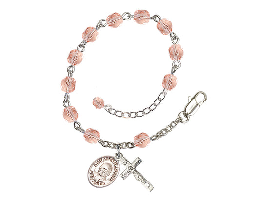 Pink Silver-Plated Crystal St Arnold Janssen Birthstone Rosary Bracelet