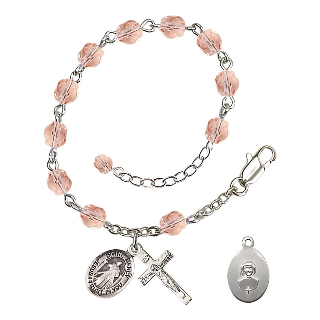Bliss Jesus Divine Mercy Rosary Bracelet with Pewter Crucifix and Charm, Birthstone 6mm Fire Polished Pink Rose Beads for October