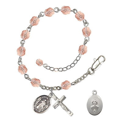 Jesus Divine Mercy Rosary Bracelet with Pewter Crucifix and Charm, Birthstone 6mm Fire Polished Pink Rose Beads for October, Bliss Manufacturing