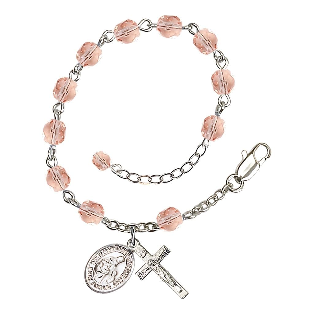 Bliss St. Margaret of Scotland October Birthstone 6mm Pink Fire Polished Beads Silver-Plated Rosary Bracelet with Pewter Crucifix and Medal