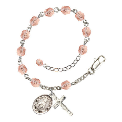 Bliss Our Lady of Rosa Mystica Rosary Bracelet with Pewter Crucifix and Charm, Birthstone 6mm Fire Polished Pink Rose Beads for October