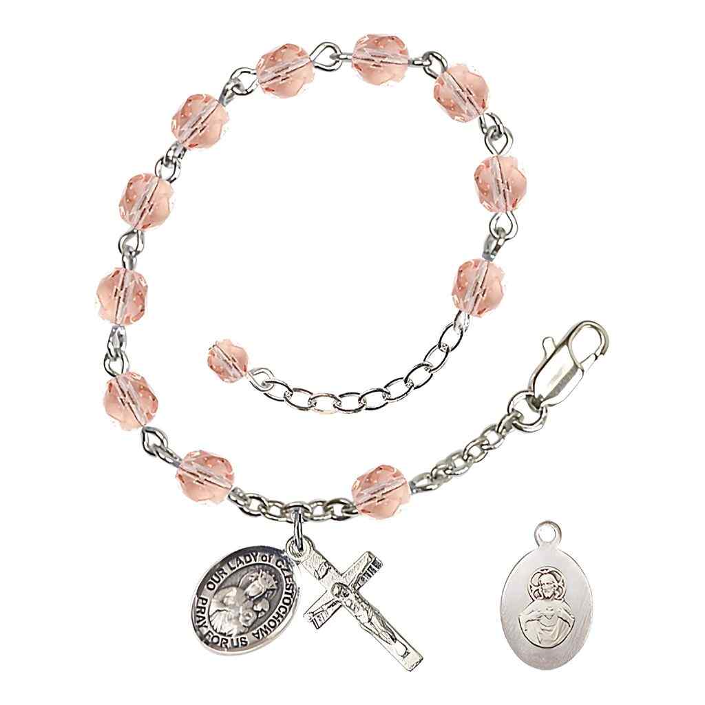 Our Lady of Czestochowa Rosary Bracelet with Pewter Crucifix and Charm, Birthstone 6mm Fire Polished Pink Rose Beads for October