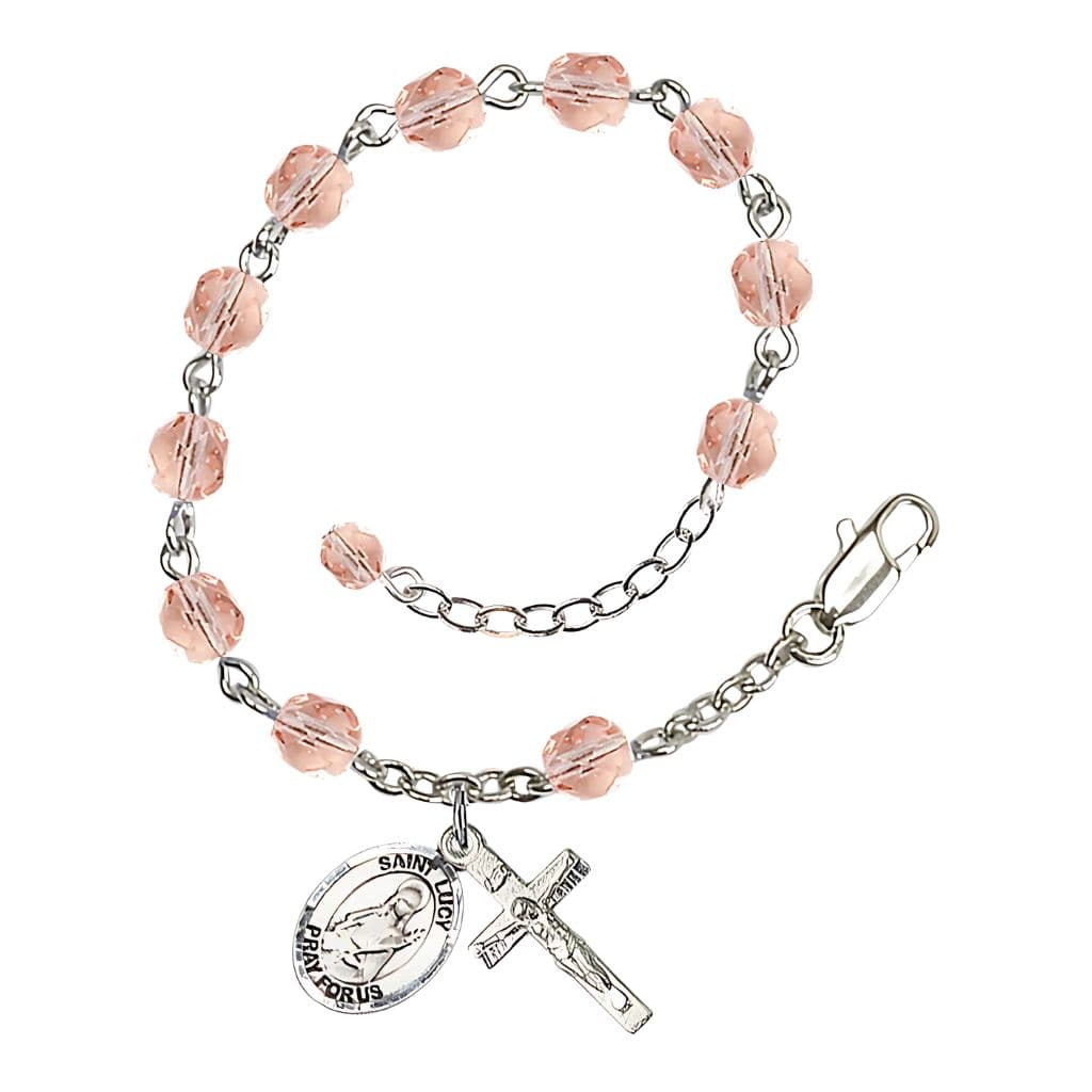 St. Lucy Birthstone Silver-Plated Rosary Bracelet in Pink,