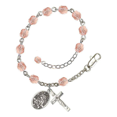Our Lady of the Precious Blood Rosary Silver-plated Bracelet with Pewter Crucifix and Charm, Birthstone 6mm Fire Polished Pink Rose Beads for October