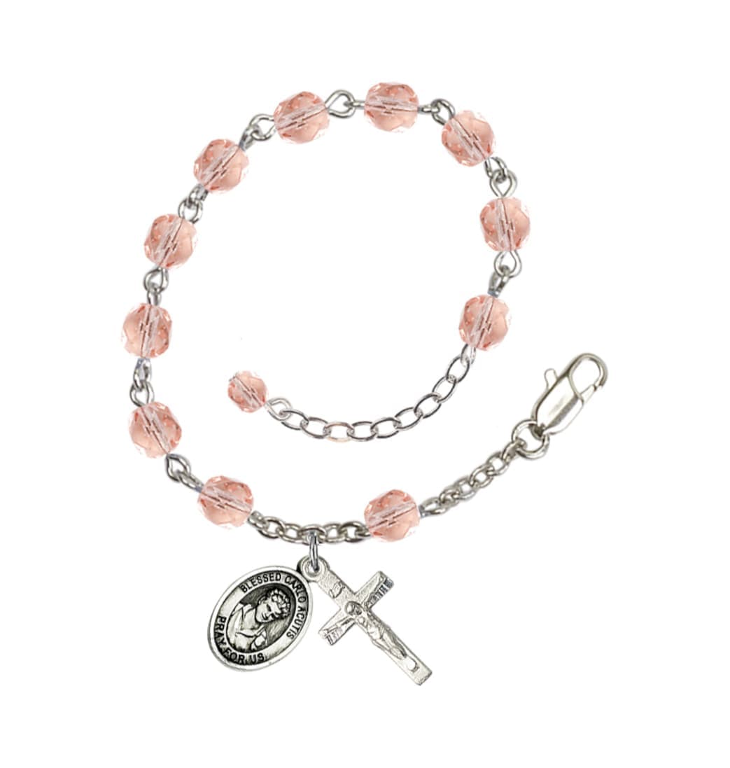 Bliss Silver-Plated Crystal Blessed Carlo Acutis Rosary Bracelet,Birthstone October Pink,