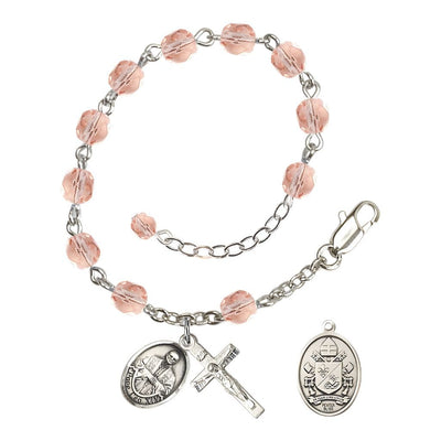 Pope Leo XIV Birthstone 6mm Fire Polished Silver-plated Rosary Bracelet with birthstone fire-polished pink beads, Bliss Manufacturing
