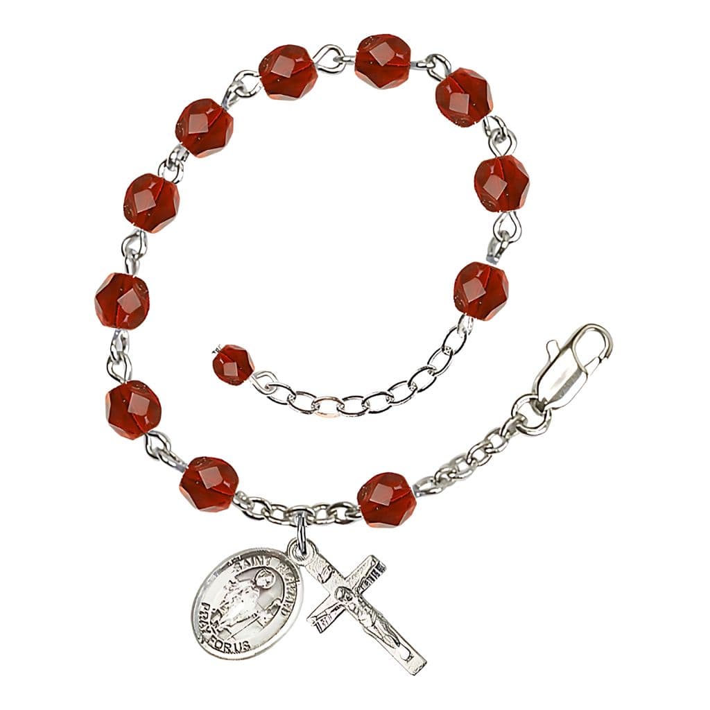 Bliss St. Richard Help Birthstone Heart Rosary Bracelet in Fire Polished Ruby,