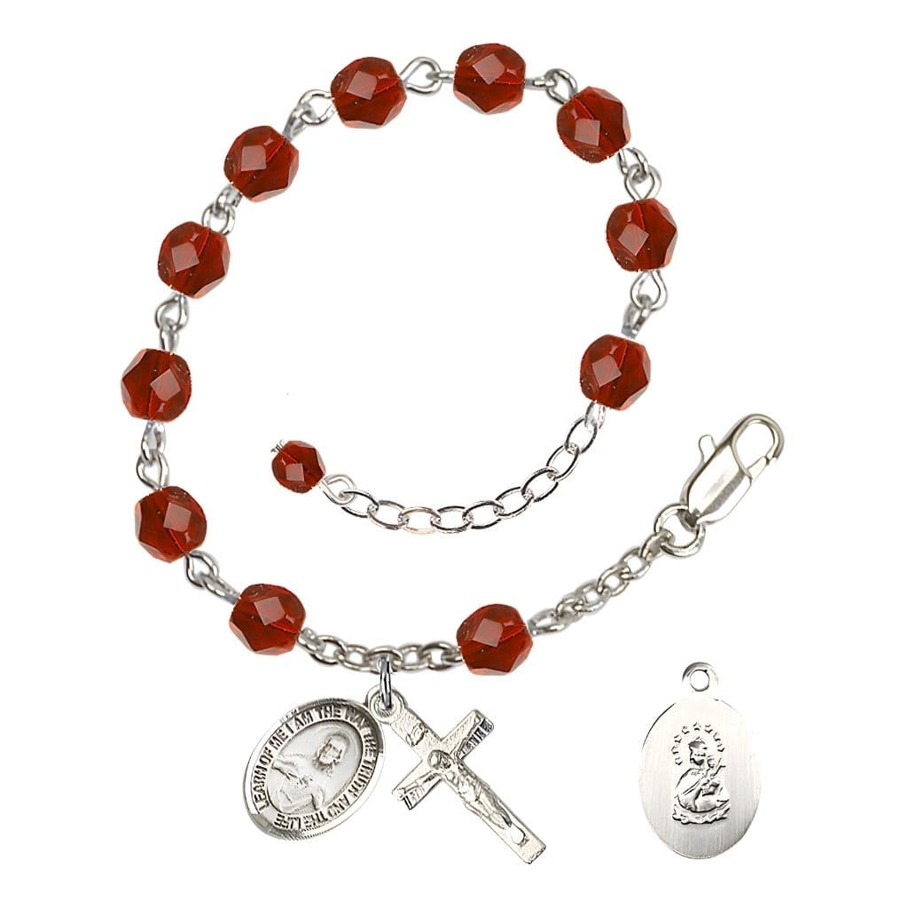 Bliss Sacred Heart of Jesus Scapular Rosary Bracelet with Pewter Crucifix and Charm, Birthstone 6mm Fire Polished Ruby Beads for July
