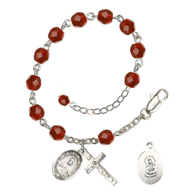 Sacred Heart of Jesus Scapular Rosary Bracelet with Pewter Crucifix and Charm, Birthstone 6mm Fire Polished Ruby Beads for July, Bliss Manufacturing