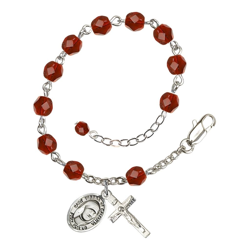 Bliss St. Teresa of Calcutta Birthstone Rosary Bracelet, Ruby 6mm Fire Polished Beads