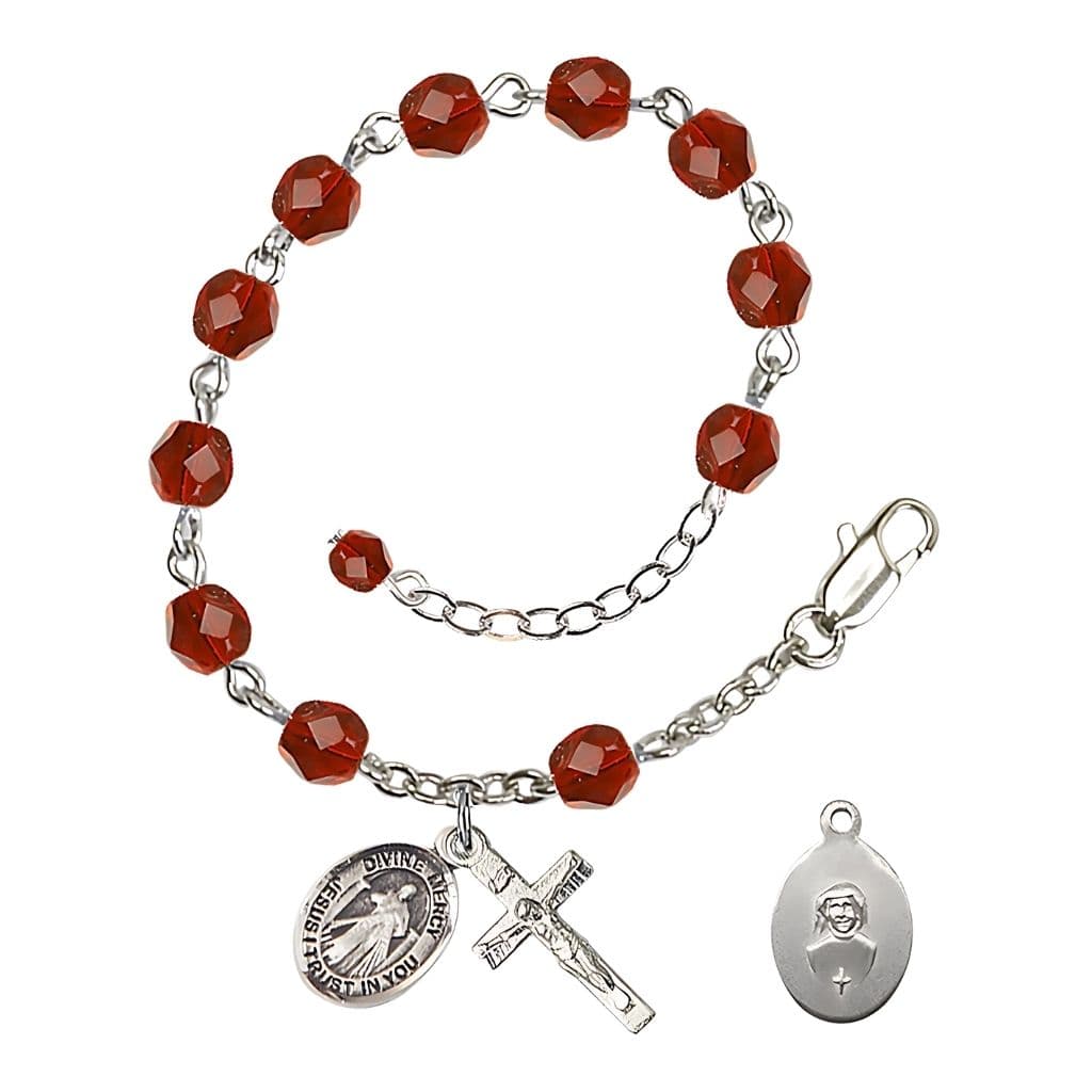 Bliss Jesus Divine Mercy Rosary Bracelet with Pewter Crucifix and Charm, Birthstone 6mm Fire Polished Ruby Beads for July