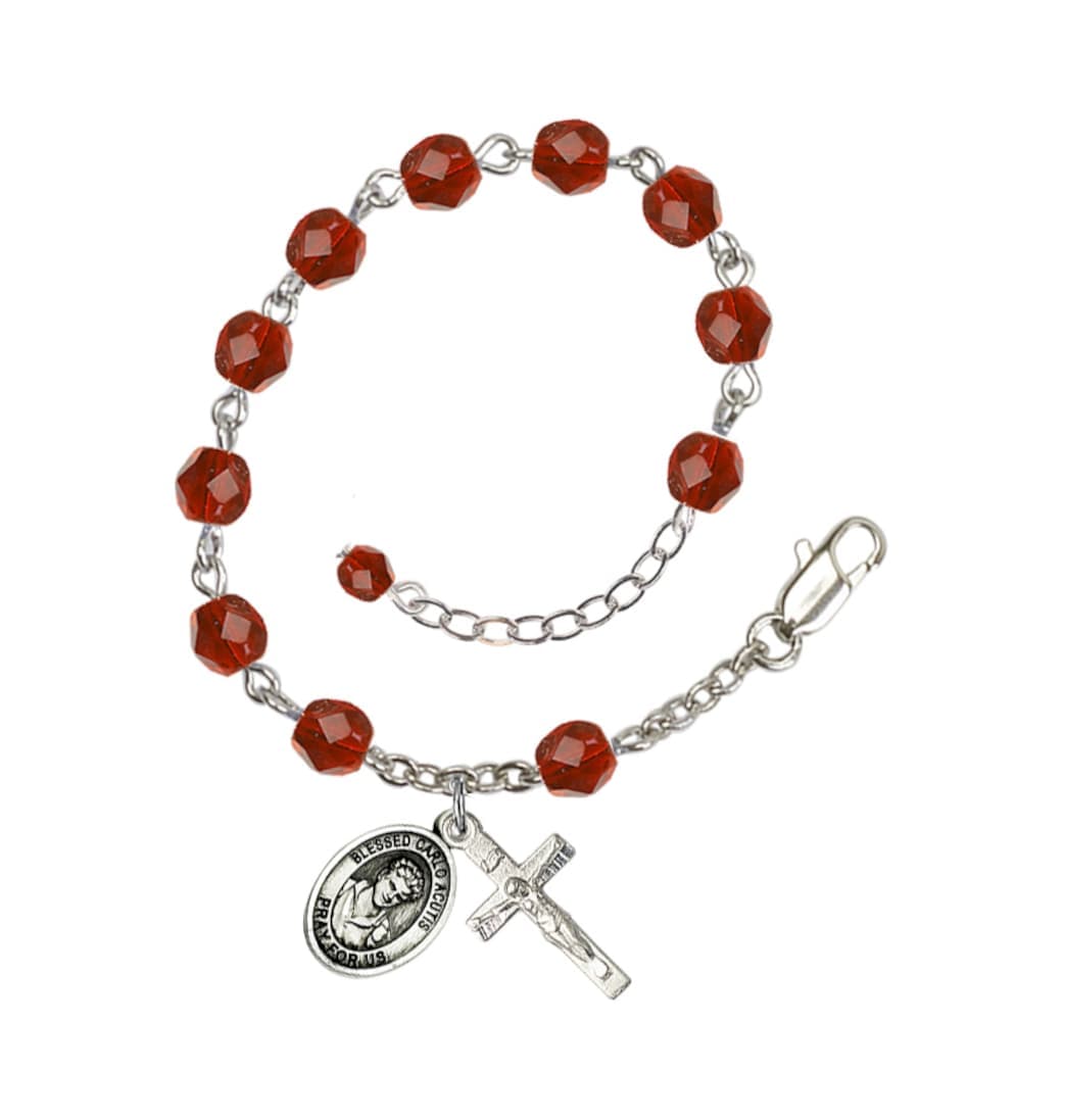 Bliss Silver-Plated Crystal Blessed Carlo Acutis Rosary Bracelet,Birthstone Ruby July,