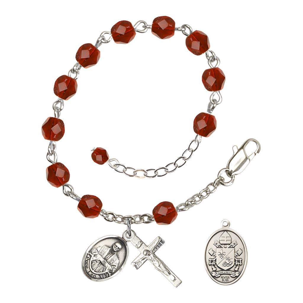 Bliss Pope Leo XIV Birthstone 6mm Fire Polished Silver-plated Rosary Bracelet with birthstone fire-polished ruby beads