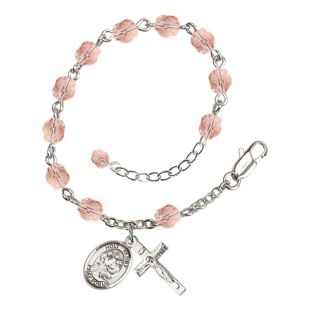 Bliss Holy Family Rosary Bracelet with Pewter Crucifix and Medal, Birthstone 6mm Fire Polished Pink Rose Beads for October
