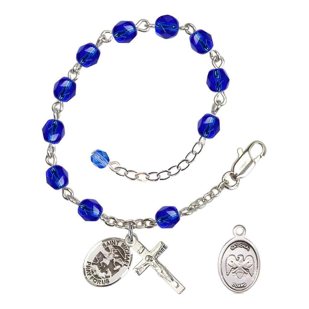St. Michael National Guard Silver 6mm Crystal Rosary Bracelet in Sapphire, Bliss Manufacturing