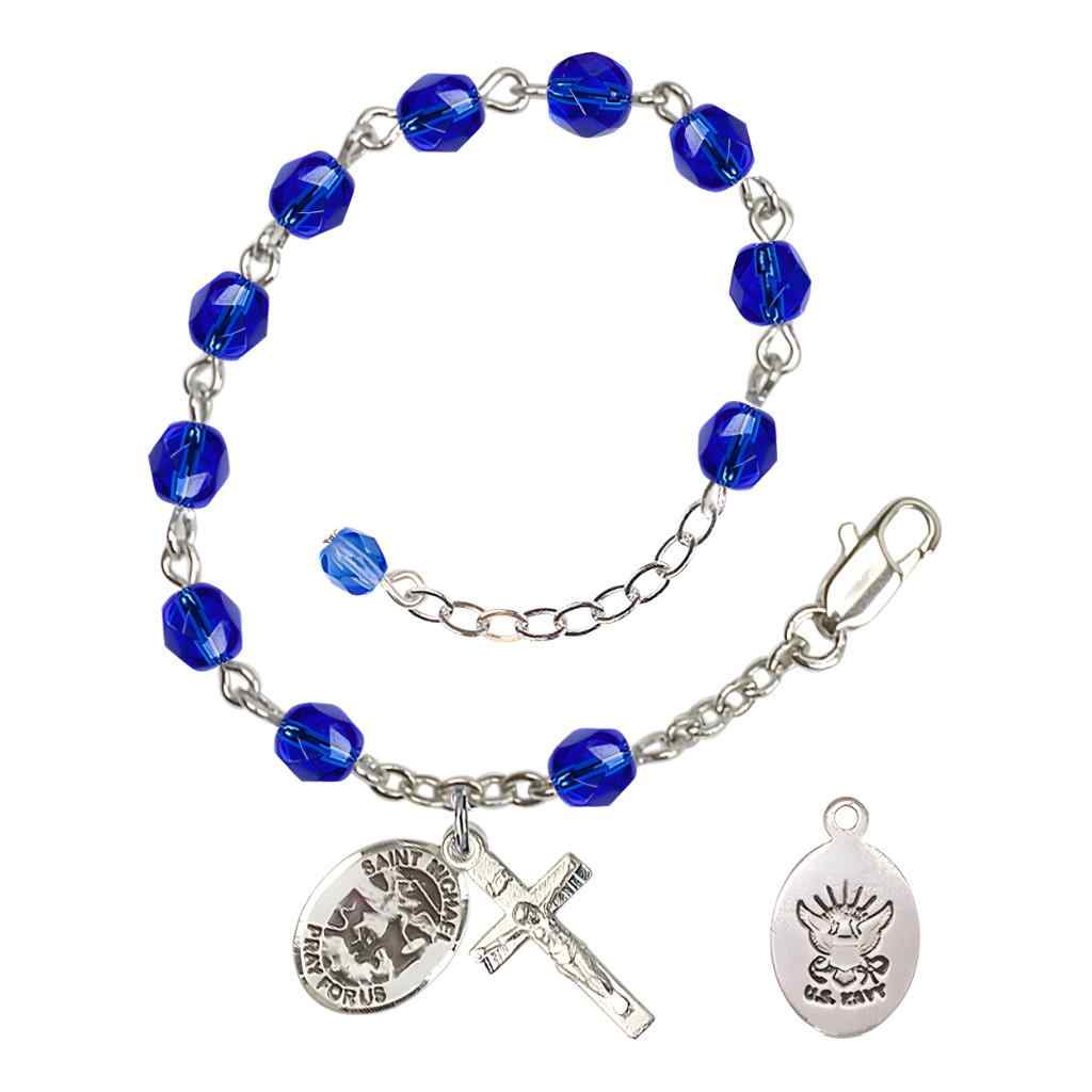 St. Michael Navy Silver 6mm Crystal Rosary Bracelet in Sapphire, Bliss Manufacturing
